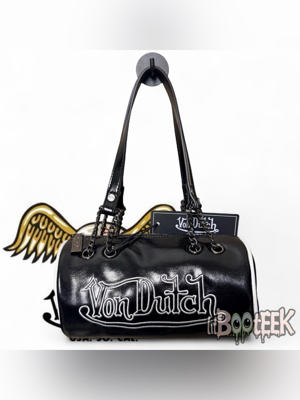 Von Dutch Black Patent Barrel Shoulder Bag with White Trim & Logo NEW VIRAL Y2K